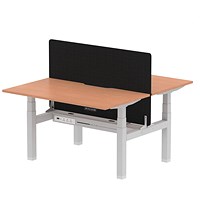 Air 2 Person Sit-Standing Scalloped Bench Desk with Charcoal Straight Screen, Back to Back, 2 x 1400mm (800mm Deep), Silver Frame, Beech