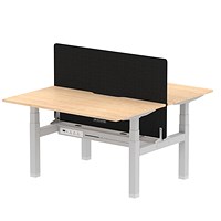 Air 2 Person Sit-Standing Scalloped Bench Desk with Charcoal Straight Screen, Back to Back, 2 x 1400mm (800mm Deep), Silver Frame, Maple