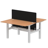 Air 2 Person Sit-Standing Bench Desk with Charcoal Straight Screen, Back to Back, 2 x 1400mm (800mm Deep), Silver Frame, Oak