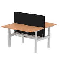 Air 2 Person Sit-Standing Scalloped Bench Desk with Charcoal Straight Screen, Back to Back, 2 x 1400mm (800mm Deep), Silver Frame, Oak