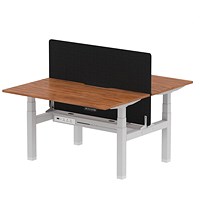 Air 2 Person Sit-Standing Scalloped Bench Desk with Charcoal Straight Screen, Back to Back, 2 x 1400mm (800mm Deep), Silver Frame, Walnut