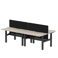 Air 4 Person Sit-Standing Scalloped Bench Desk with Charcoal Straight Screen, Back to Back, 4 x 1400mm (800mm Deep), Black Frame, Grey Oak