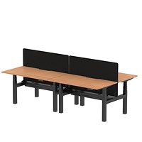 Air 4 Person Sit-Standing Scalloped Bench Desk with Charcoal Straight Screen, Back to Back, 4 x 1400mm (800mm Deep), Black Frame, Oak