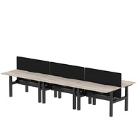 Air 6 Person Sit-Standing Scalloped Bench Desk with Charcoal Straight Screen, Back to Back, 6 x 1400mm (800mm Deep), Black Frame, Grey Oak