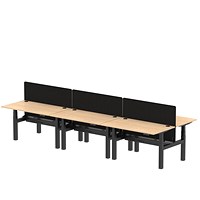 Air 6 Person Sit-Standing Bench Desk with Charcoal Straight Screen, Back to Back, 6 x 1400mm (800mm Deep), Black Frame, Maple