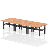 Air 6 Person Sit-Standing Scalloped Bench Desk, Back to Back, 6 x 1400mm (800mm Deep), Black Frame, Oak