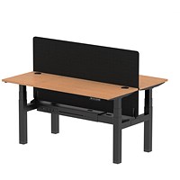 Air 2 Person Sit-Standing Bench Desk with Charcoal Straight Screen, Back to Back, 2 x 1600mm (600mm Deep), Black Frame, Oak