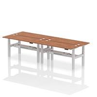 Air 4 Person Sit-Standing Bench Desk, Back to Back, 4 x 1600mm (600mm Deep), Silver Frame, Walnut