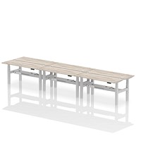 Air 6 Person Sit-Standing Bench Desk, Back to Back, 6 x 1600mm (600mm Deep), Silver Frame, Grey Oak