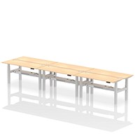 Air 6 Person Sit-Standing Bench Desk, Back to Back, 6 x 1600mm (600mm Deep), Silver Frame, Maple