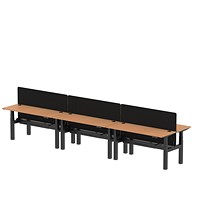 Air 6 Person Sit-Standing Bench Desk with Charcoal Straight Screen, Back to Back, 6 x 1600mm (600mm Deep), Black Frame, Oak