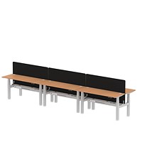 Air 6 Person Sit-Standing Bench Desk with Charcoal Straight Screen, Back to Back, 6 x 1600mm (600mm Deep), Silver Frame, Oak