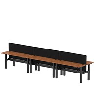 Air 6 Person Sit-Standing Bench Desk with Charcoal Straight Screen, Back to Back, 6 x 1600mm (600mm Deep), Black Frame, Walnut