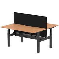 Air 2 Person Sit-Standing Scalloped Bench Desk with Charcoal Straight Screen, Back to Back, 2 x 1600mm (800mm Deep), Black Frame, Oak