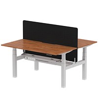Air 2 Person Sit-Standing Scalloped Bench Desk with Charcoal Straight Screen, Back to Back, 2 x 1600mm (800mm Deep), Silver Frame, Walnut