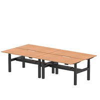 Air 4 Person Sit-Standing Scalloped Bench Desk, Back to Back, 4 x 1600mm (800mm Deep), Black Frame, Oak