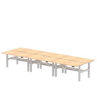 Air 6 Person Sit-Standing Scalloped Bench Desk, Back to Back, 6 x 1600mm (800mm Deep), Silver Frame, Maple