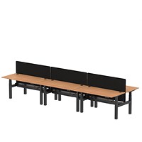 Air 6 Person Sit-Standing Bench Desk with Charcoal Straight Screen, Back to Back, 6 x 1600mm (800mm Deep), Black Frame, Oak