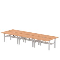 Air 6 Person Sit-Standing Scalloped Bench Desk, Back to Back, 6 x 1600mm (800mm Deep), Silver Frame, Oak