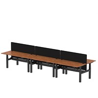 Air 6 Person Sit-Standing Bench Desk with Charcoal Straight Screen, Back to Back, 6 x 1600mm (800mm Deep), Black Frame, Walnut