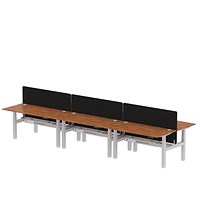 Air 6 Person Sit-Standing Bench Desk with Charcoal Straight Screen, Back to Back, 6 x 1600mm (800mm Deep), Silver Frame, Walnut