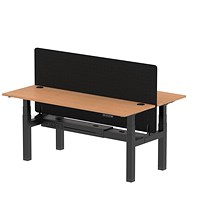 Air 2 Person Sit-Standing Bench Desk with Charcoal Straight Screen, Back to Back, 2 x 1800mm (600mm Deep), Black Frame, Oak