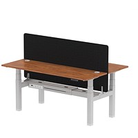 Air 2 Person Sit-Standing Bench Desk with Charcoal Straight Screen, Back to Back, 2 x 1800mm (600mm Deep), Silver Frame, Walnut