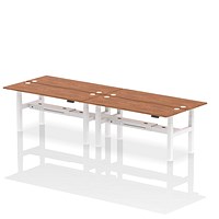 Air 4 Person Sit-Standing Bench Desk, Back to Back, 4 x 1800mm (600mm Deep), White Frame, Walnut