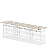 Air 6 Person Sit-Standing Bench Desk, Back to Back, 6 x 1800mm (600mm Deep), White Frame, Grey Oak