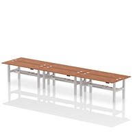 Air 6 Person Sit-Standing Bench Desk, Back to Back, 6 x 1800mm (600mm Deep), Silver Frame, Walnut