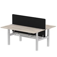 Air 2 Person Sit-Standing Bench Desk with Charcoal Straight Screen, Back to Back, 2 x 1800mm (800mm Deep), Silver Frame, Grey Oak