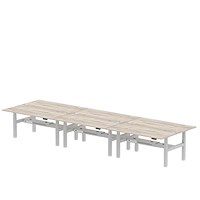 Air 6 Person Sit-Standing Bench Desk, Back to Back, 6 x 1800mm (800mm Deep), Silver Frame, Grey Oak