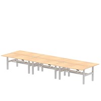 Air 6 Person Sit-Standing Bench Desk, Back to Back, 6 x 1800mm (800mm Deep), Silver Frame, Maple