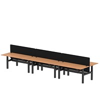 Air 6 Person Sit-Standing Bench Desk with Charcoal Straight Screen, Back to Back, 6 x 1800mm (800mm Deep), Black Frame, Oak