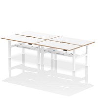 Oslo 4 Person Sit-Standing Bench Desk, Back to Back, 4 x 1600mm (800mm Deep), White Frame, White with Wooden Edge