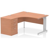 Impulse 1400mm Corner Desk with 600mm Desk High Pedestal, Left Hand, Silver Cable Managed Leg, Beech