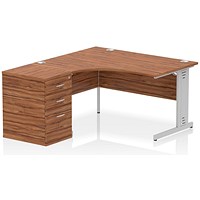 Impulse 1400mm Corner Desk with 600mm Desk High Pedestal, Left Hand, Silver Cable Managed Leg, Walnut