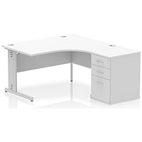 Impulse 1400mm Corner Desk with 600mm Desk High Pedestal, Right Hand, Silver Cable Managed Leg, White