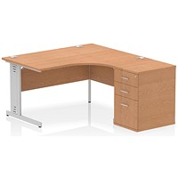 Impulse 1400mm Corner Desk with 600mm Desk High Pedestal, Right Hand, Silver Cable Managed Leg, Oak