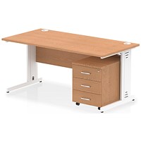 Impulse 1600mm Rectangular Desk, White Cable Managed Leg, Oak, With 3 Drawer Mobile Pedestal