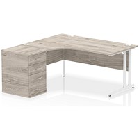 Impulse 1600mm Corner Desk, Left Hand, White Cantilever Leg, Grey Oak, With 600mm Deep Desk High Pedestal