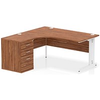 Impulse 1600mm Corner Desk, Left Hand, White Cable Managed Leg, Walnut, With 600mm Deep Desk High Pedestal