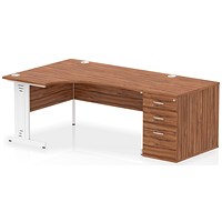 Impulse 1600mm Corner Desk, Left Hand, White Cable Managed Leg, Walnut, With 800mm Deep Desk High Pedestal