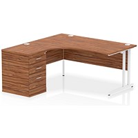 Impulse 1600mm Corner Desk, Left Hand, White Cantilever Leg, Walnut, With 600mm Deep Desk High Pedestal