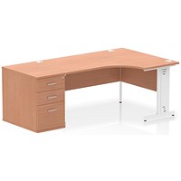 Impulse 1600mm Corner Desk, Right Hand, White Cable Managed Leg, Beech, With 800mm Deep Desk High Pedestal