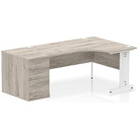 Impulse 1600mm Corner Desk, Right Hand, White Cable Managed Leg, Grey Oak, With 800mm Deep Desk High Pedestal