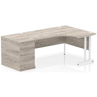 Impulse 1600mm Corner Desk, Right Hand, White Cantilever Leg, Grey Oak, With 800mm Deep Desk High Pedestal