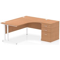 Impulse 1600mm Corner Desk, Right Hand, White Cantilever Leg, Oak, With 600mm Deep Desk High Pedestal