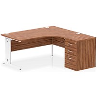 Impulse 1600mm Corner Desk, Right Hand, White Cable Managed Leg, Walnut, With 600mm Deep Desk High Pedestal