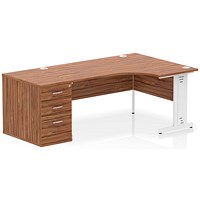 Impulse 1600mm Corner Desk, Right Hand, White Cable Managed Leg, Walnut, With 800mm Deep Desk High Pedestal